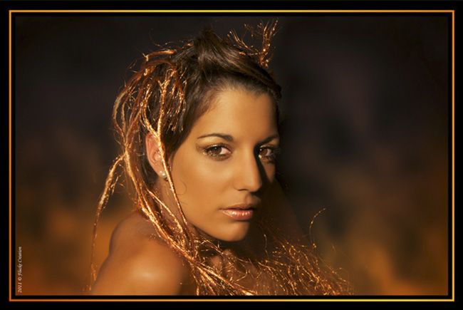 Modèle - Photographie portrait d'un modèle féminin, dont les cheveux parsemés de fils de cuivre et de son ambiance aux couleurs dorées donnent l'illusion d'une divinité égyptienne