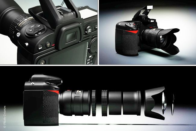 Work in progress - Modélisation 3D d'un appareil photo Nikon D200 avec différentes vues et détails techniques